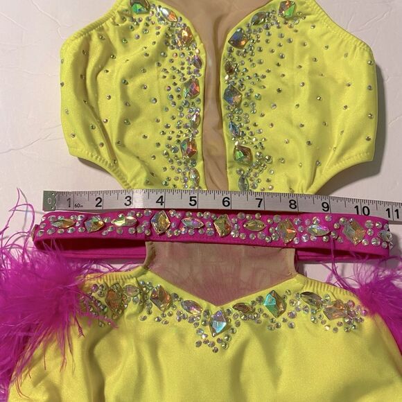 Glamour solo dance costume hot pink neon yellow Feather rhinestone bedazzled LC - Picture 8 of 15